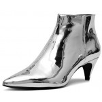 Silver Metallic Mirror Shiny Point Head Kitten Heels Ankle Boots Shoes